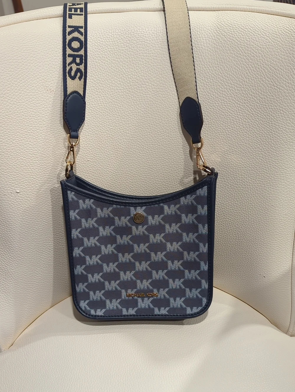 Michael Kors Navy Logo Jacquard Crossbody with Cream Strap